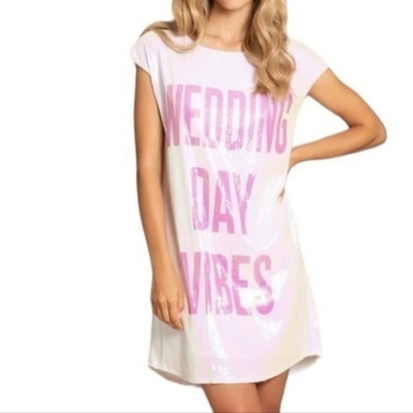 Hayley Paige Occasions pink hologram sequin Wedding Day Vibes mini t shirt dress - Picture 2 of 13